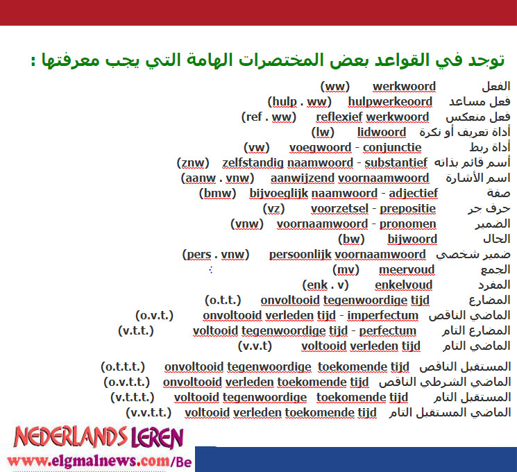 توجد في القواعد بعض المختصرات الهامة التي يجب معرفتها باللغة الهولندية