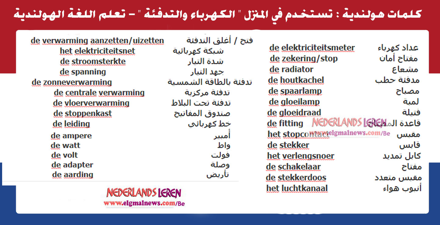 كلمات هولندية : تستخدم في المنزل " الكهرباء والتدفئة " - تعلم اللغة الهولندية