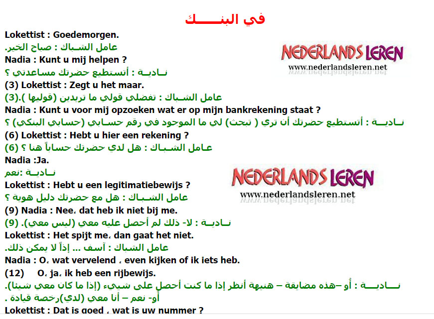 محادثة مترجمة بين شخصين بالهولندية في البنك في اللغة الهولندية 2022